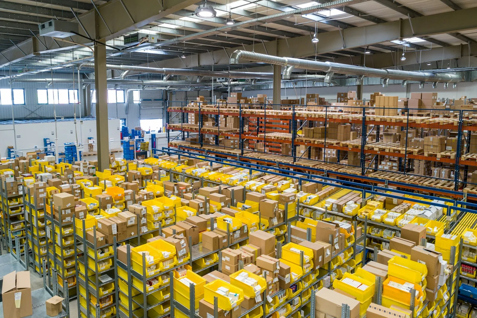 Warehouse shelving and stored inventory